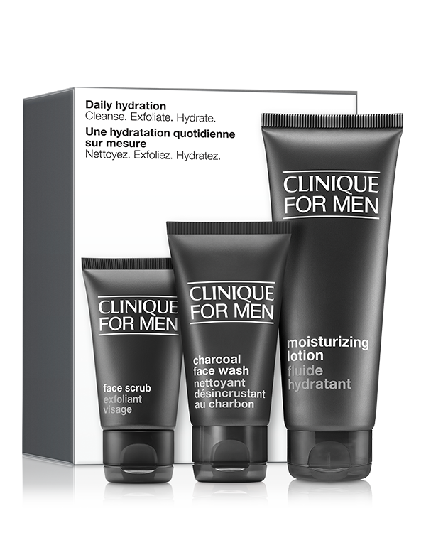 Clinique For Men Daily Hydration Skincare -setti, Miesten ihonhoitosetti kuivuuteen taipuvaiselle iholle. Kolme suosittua Clinique For Men™ -tuotetta yhdessä setissä sisältäen normaalikokoisen Clinique For Men™ Moisturizing Lotion -voiteen.