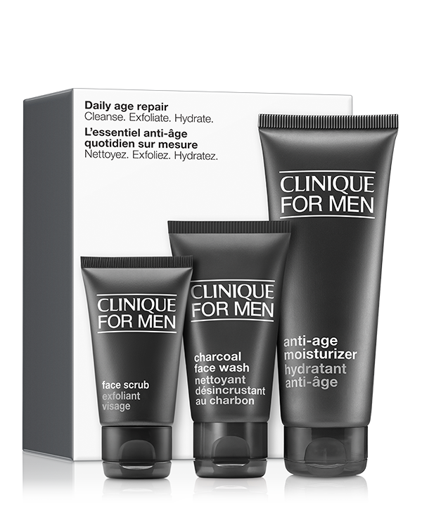 Clinique For Men Daily Age Repair Skincare -setti, Miesten ihonhoitosetti joka saa ihon tuntumaan nuorekkaalta ja raikkaalta. Kolme suosittua Clinique For Men™ -tuotetta yhdessä setissä sisältäen normaalikokoisen Clinique For Men™ Anti-Age Moisturizer -kosteusvoiteen.
